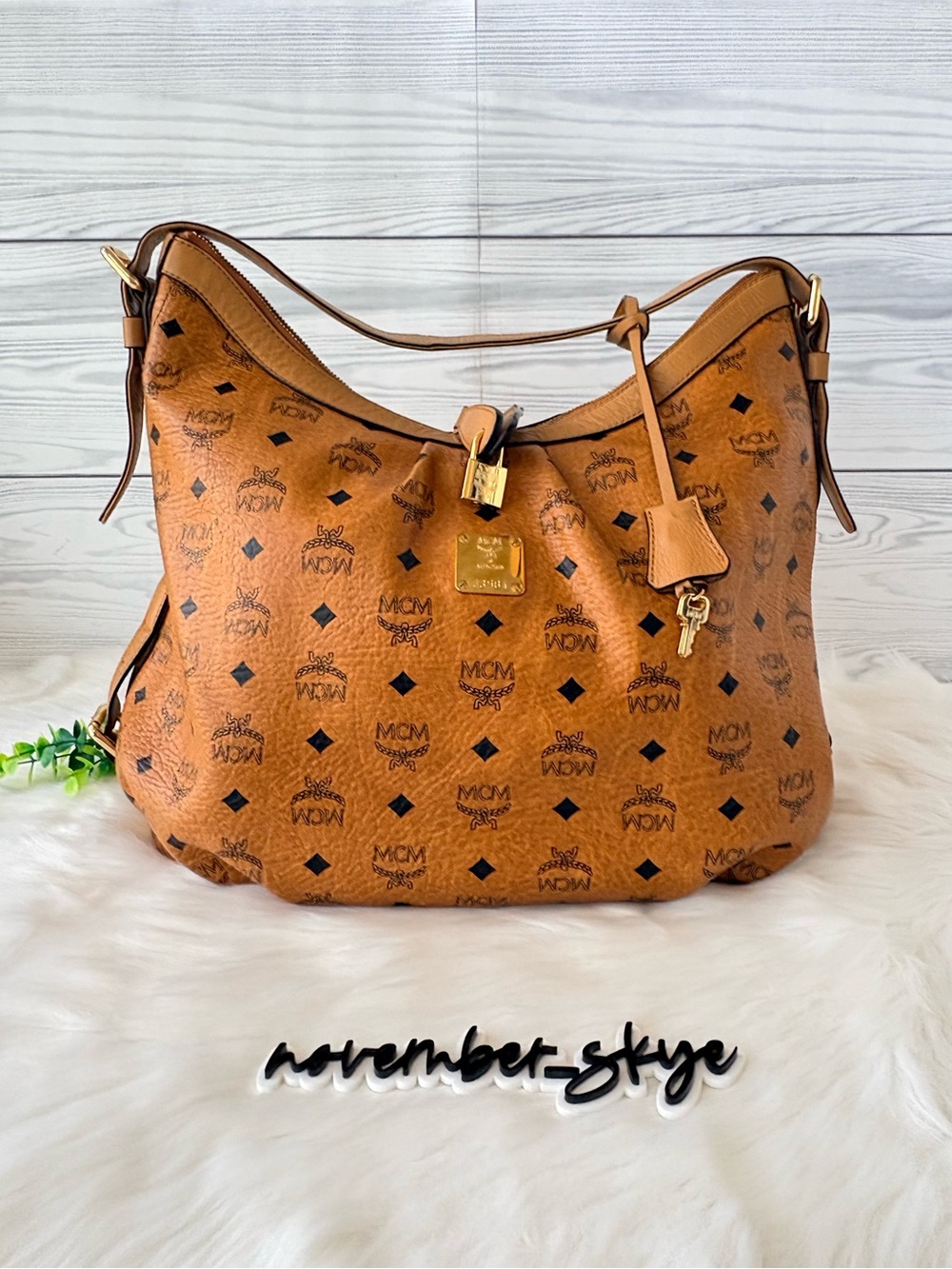 MCM Cognac Visetos Leather Hobo Bag with Lock and Keys